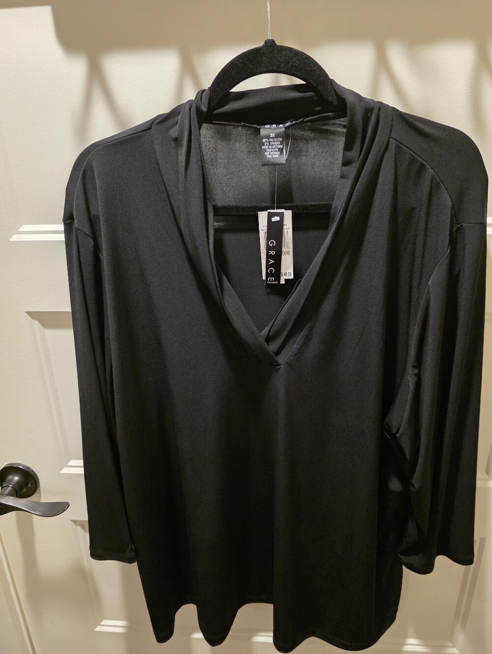 NWT Grace Woman Black Shawl Collar V-Neck Top 3X 3/4 Sleeve